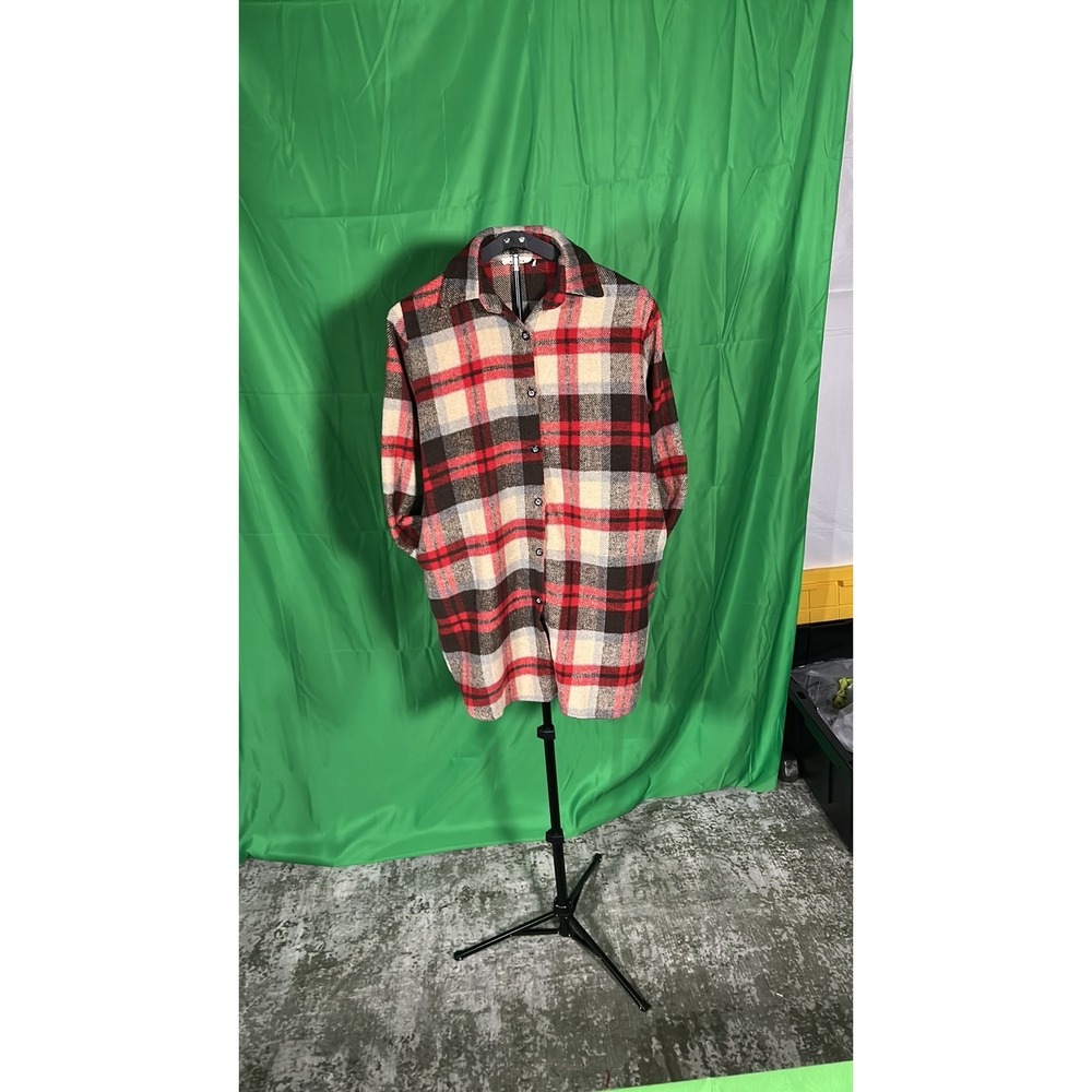Adora Red Plaid Longline Flannel Shirt Shacket Women Large Oversized Layering